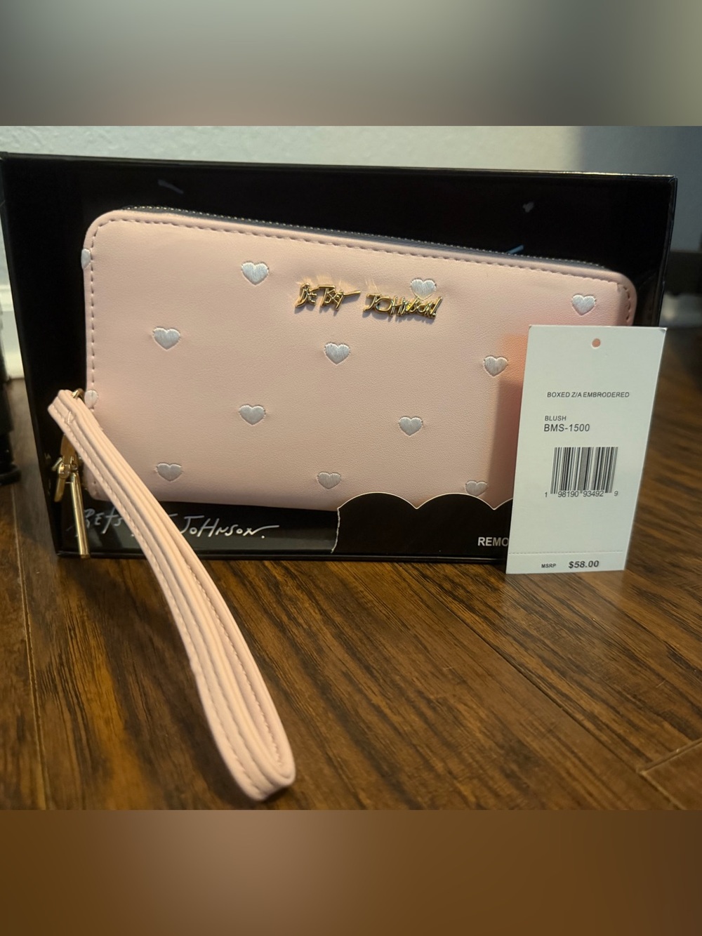 Betsey Johnson Blush Pink Heart-Embroidered Wristlet